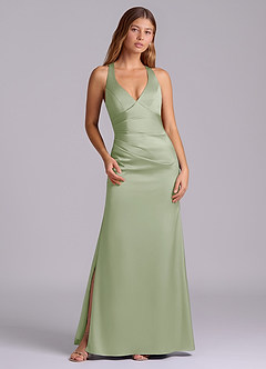 Azazie Amelie Bridesmaid Dresses Dusty Sage A-Line Pleated Stretch Satin Dress image1