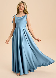 Azazie Popsy Junior Steel Blue A-Line Bow Stretch Satin Dress image1