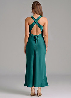 Azazie Evadne Vestidos de damas de honor Vestido de Pavo Real de Satén Elástico de Corte Recto con Plisado image5