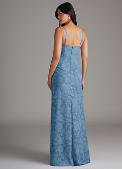 Azazie Maci Bridesmaid Dresses Steel Blue Sheath Pleated Floral Burnout Dress image2