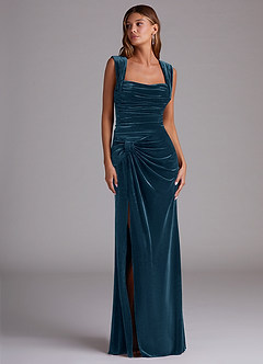 Azazie Genesis Vestidos de damas de honor Vestido de Topacio Azul de terciopelo de Corte Recto con Plisado image3