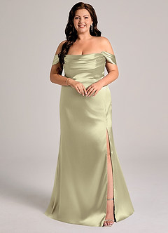 Azazie Saige Bridesmaid Dresses Moss Green Sheath Off the Shoulder Metallic Satin Convertible Dress image9