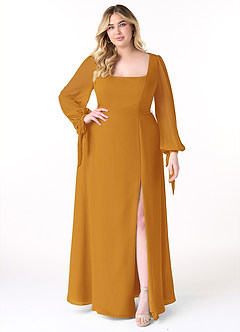 Azazie Leonia Bridesmaid Dresses Butterscotch A-Line Long Sleeve Chiffon Dress image8