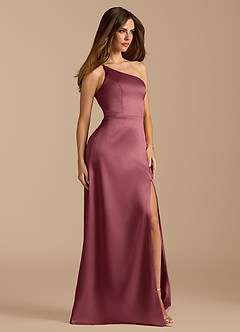 Azazie Trina Vestidos de damas de honor Vestido de Rosa Del Desierto de Satén Metálico de Corte en A con Hombro unilateral image4