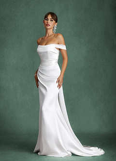 Azazie Darlene Wedding Dresses Diamond White Mermaid Off the Shoulder Metallic Satin Dress image7