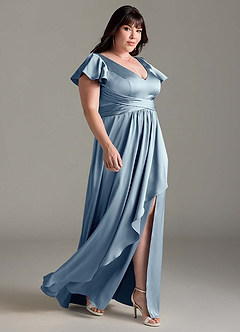 Azazie Omari Vestidos de damas de honor Vestido de Azul Polvoriento de Satén Elástico de Corte en A image11