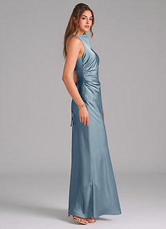 Azazie Evadne Robes de demoiselle d'honneur Robe Trapèze en Satin extensible Plissée Bleu Poussiéreux image4