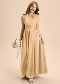Azazie Jaylah Junior Gold A-Line Pleated Stretch Satin Dress image3