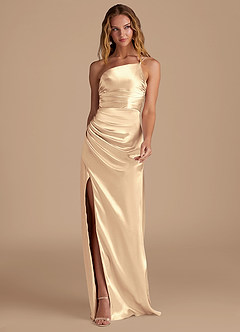 Azazie Eren Bridesmaid Dresses Gold Sheath One Shoulder Metallic Satin Dress image3