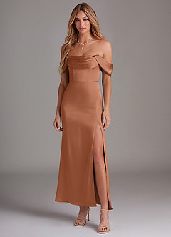 Azazie Saige Bridesmaid Dresses Bronzer Mermaid Off the Shoulder Stretch Satin Dress image3