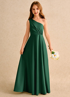 Azazie Puddles Junior Formal Abiti da Ragazza di Fiori Abito A-Line in Raso Opaco Monospalla Verde Scuro image1