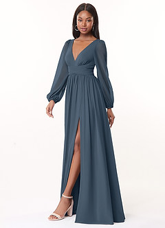 Azazie Norah Bridesmaid Dresses Neptune A-Line V-Neck Long Sleeve Chiffon Dress image4