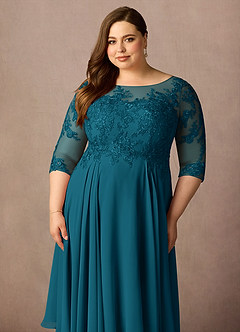 Azazie Marge At-home Try On Dresses Ink Blue A-Line Scoop Lace Chiffon Dress image11