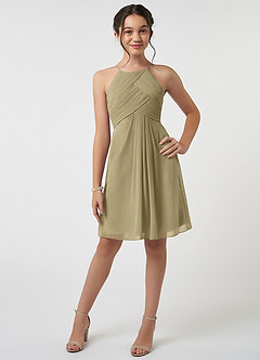 Azazie Ginny Junior A-Linie Plissee Chiffon Kleid Moosgrün image1