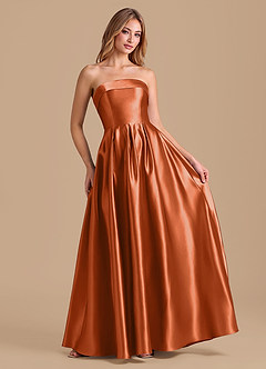 Azazie Lucienne Bridesmaid Dresses Burnt Orange A-Line Pleated Metallic Satin Dress image3