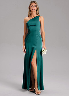 Azazie Feby Bridesmaid Dresses Peacock A-Line One Shoulder Stretch Satin Dress image3