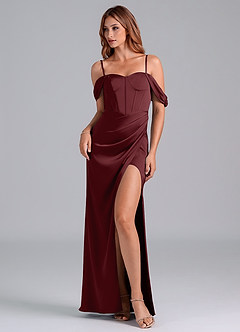 Azazie Asha Bridesmaid Dresses Cabernet Sheath Off the Shoulder Stretch Satin Convertible Dress image6