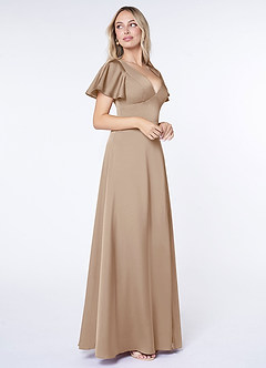 Azazie Lani Bridesmaid Dresses Taupe A-Line Flounce Sleeve Stretch Satin Dress image4