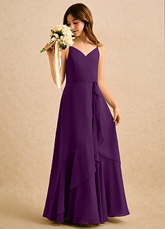 Azazie Amiah Girls Formal Robe Demoiselle D'honneur Fillette Robe Trapèze en Mousseline de soie Rayé Grain De Raisin image5