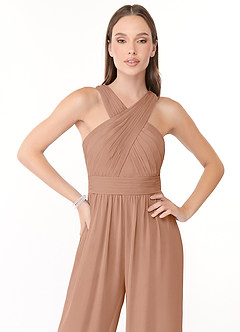 Azazie Berdie Vestidos de damas de honor Champán Rosado de Gasa de Mono con Halter image5