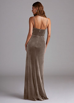 Azazie Maci Bridesmaid Dresses Silver Taupe Sheath Pleated Velvet Dress image2