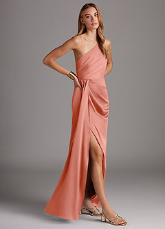 Azazie Mika Bridesmaid Dresses Coral Sheath One Shoulder Stretch Satin Dress image4