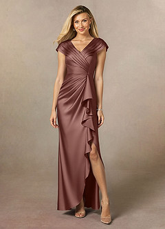 Azazie Anderson Mère de la mariée Robes Robe Trapèze en Satin extensible Plissée Expresso image1