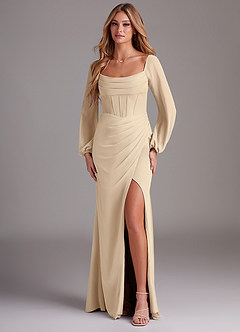 Azazie Charissa Brautjungfernkleider Etui Langarm Chiffon Kleid Champagner image1