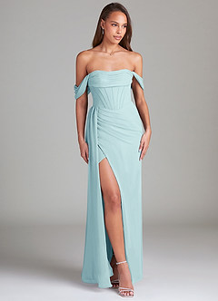 Azazie Amyra Bridesmaid Dresses Sea Glass Sheath Off the Shoulder Chiffon Convertible Dress image3