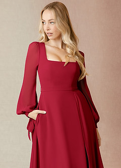 Azazie Leonia Bridesmaid Dresses Scarlet A-Line Long Sleeve Chiffon Dress image6