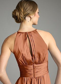 Azazie Bonnie Bridesmaid Dresses Copper A-Line Pleated Stretch Satin Dress image6