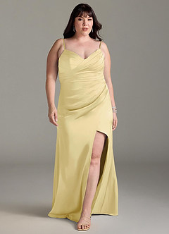 Azazie Yola Bridesmaid Dresses Lemon Sorbet Sheath V-Neck Pleated Stretch Satin Convertible Dress image9