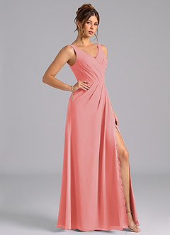 Azazie Bernice Bridesmaid Dresses Coral A-Line Pleated Chiffon Dress image3