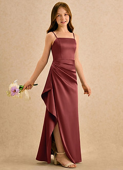 Azazie Cannoli Girls Formal Flower Girl Dresses Terracotta A-Line Pleated Stretch Satin Dress image1