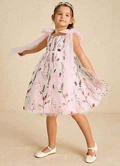 Azazie Prunella Vestidos de florista Vestir Rosa Corado de Tule de Linha A com Renda image1