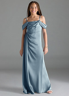 Azazie Amyra Junior Dusty Blue Sheath Off the Shoulder Stretch Satin Dress image1