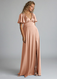 Azazie Kimber Brudtärnklänningar Klänning av A-Line i Stretch Satin Ruched Roséguld image4