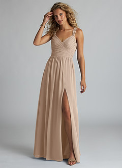 Azazie Aziza Bridesmaid Dresses Taupe A-Line V-Neck Pleated Chiffon Dress image2