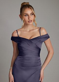 Azazie Teyana Bridesmaid Dresses Stormy Sheath Off the Shoulder Stretch Satin Dress image3