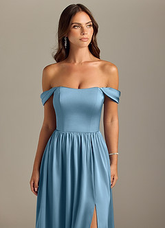 Azazie Calianna Bridesmaid Dresses Steel Blue A-Line Off the Shoulder Stretch Satin Convertible Dress image4