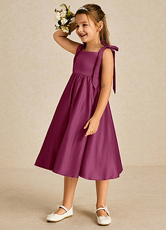 Azazie Chelsie Flower Girl Dresses Mulberry A-Line Bow Matte Satin Dress image4
