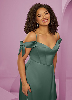 Barbie ♥ Azazie Final Sale Eucalyptus A-Line Off the Shoulder Stretch Satin Dress image14