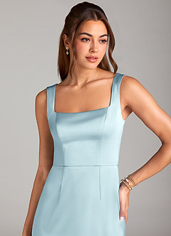 Azazie Flori Bridesmaid Dresses Cloud Blue Sheath Side Slit Stretch Satin Dress image5