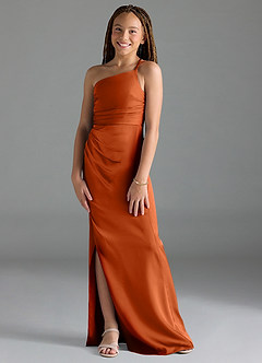 Azazie Eren Junior Vestido de Naranja Quemada de Satén Elástico de Recto con Plisado image1