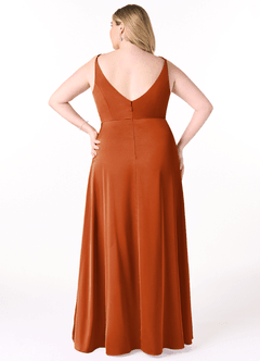 Azazie Dalilah Bridesmaid Dresses Burnt Orange A-Line V-Neck Pleated Stretch Satin Dress image7