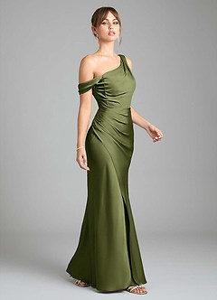 Azazie Madelyn Bridesmaid Dresses Olive Mermaid One Shoulder Stretch Satin Convertible Dress image5