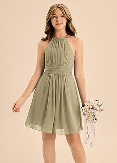 Azazie Bonnie Junior A-Linie Plissee Chiffon Kleid Moosgrün image3