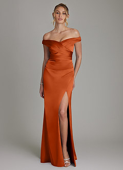 Azazie Teyana Bridesmaid Dresses Burnt Orange Sheath Off the Shoulder Stretch Satin Dress image4