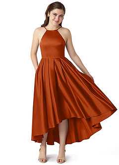 Azazie Jemima Junior Vestido de Naranja Quemada de Satén Elástico de Corte En A con Con bolsillos image1