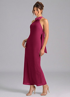 Azazie Velli Vestidos de damas de honor Vestido Borgoña de Gasa de Corte Sirena con Cuello alto image1